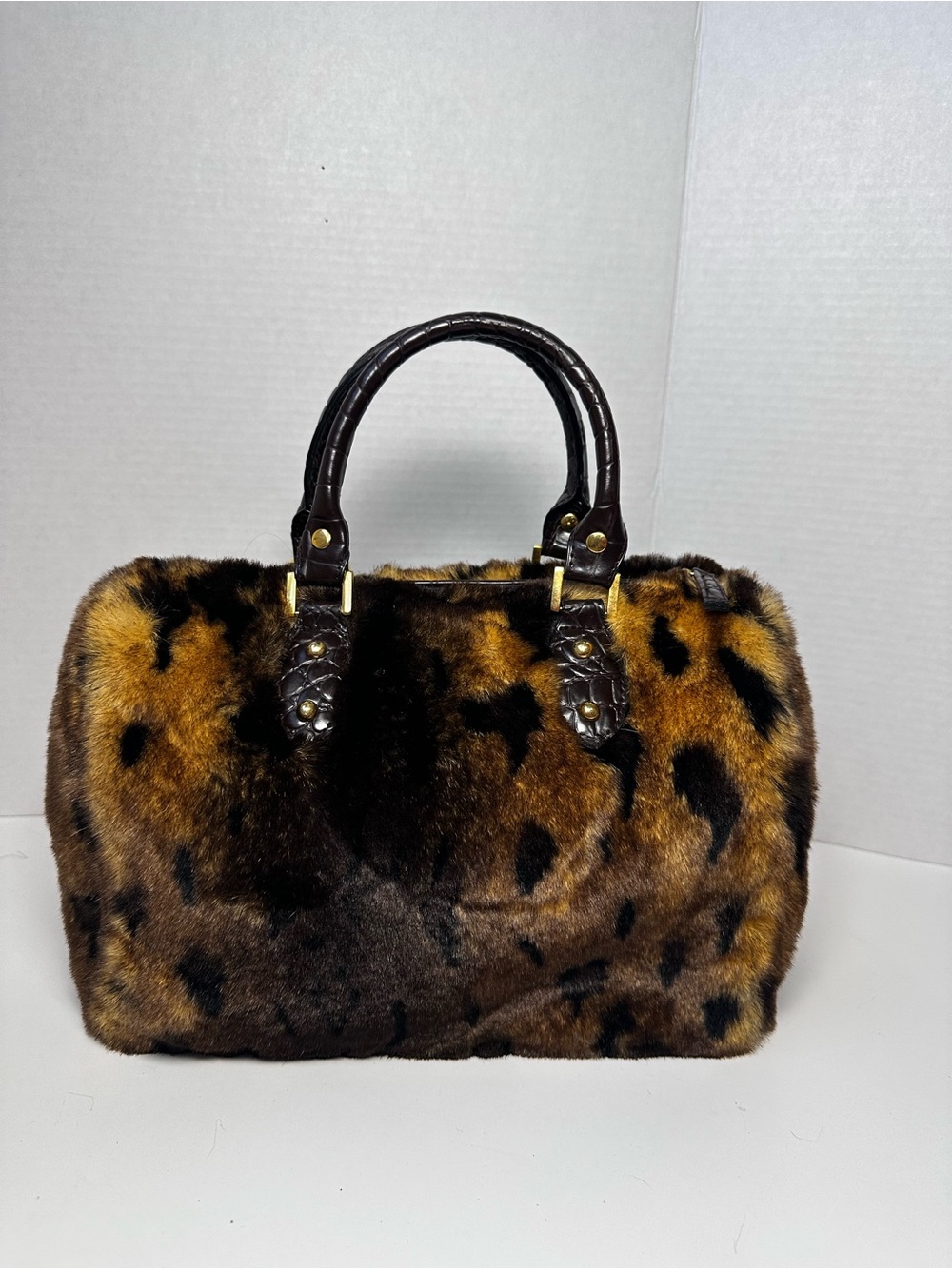 Tianni Faux Fur Leopard Print Satchel Handbag - Brown